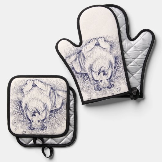 Sheltie & Flowers Sketch Ovenwant & Pannenlap Set (Voorkant / Achterkant)