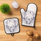 Sheltie & Flowers Sketch Ovenwant & Pannenlap Set (Top down)