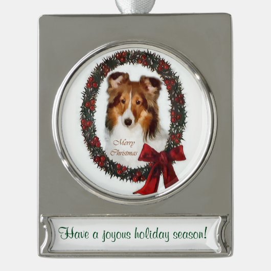 Sheltie gepersonaliseerde kerst verzilverd banner ornament (Voorkant)