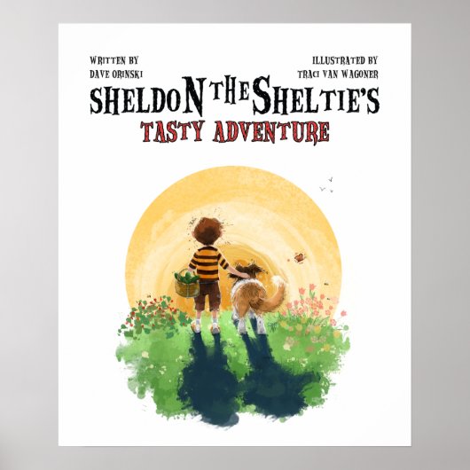 Sheltie-hond en jongen lopen naar de zonsondergang poster (Voorkant)