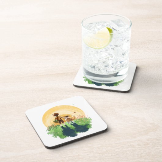 Sheltie hond en jongen lopen zonsondergang binnen bier onderzetter (Rechterzijde)