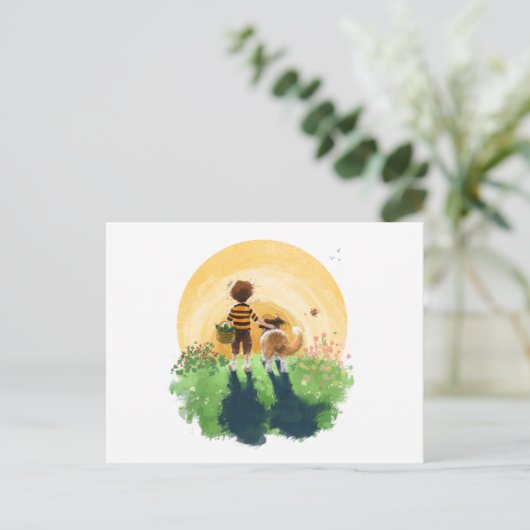 Sheltie hond en jongen lopen zonsondergang binnen briefkaart (Staand voorkant)