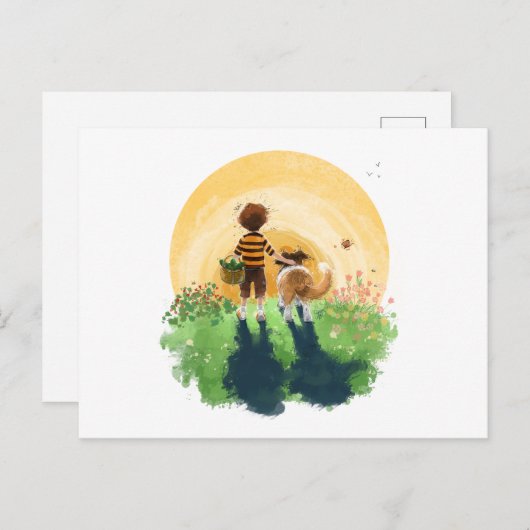 Sheltie hond en jongen lopen zonsondergang binnen briefkaart (Voorkant / Achterkant)