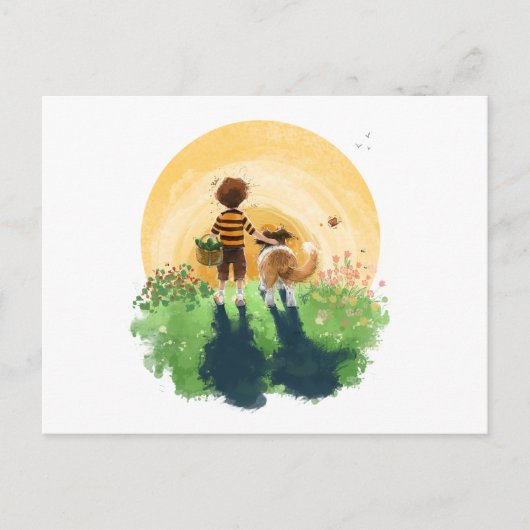 Sheltie hond en jongen lopen zonsondergang binnen briefkaart (Voorkant)