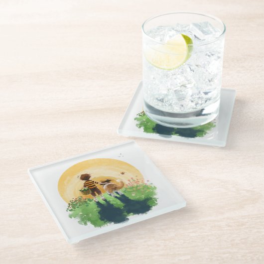 Sheltie hond en jongen lopen zonsondergang binnen glazen onderzetter (Schuin)