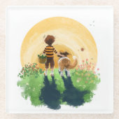 Sheltie hond en jongen lopen zonsondergang binnen glazen onderzetter (Voorkant)