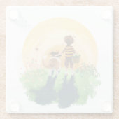 Sheltie hond en jongen lopen zonsondergang binnen glazen onderzetter (Achterkant)