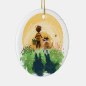 Sheltie hond en jongen lopen zonsondergang binnen keramisch ornament (Rechts)