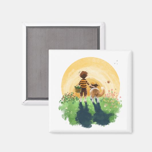 Sheltie hond en jongen lopen zonsondergang binnen magneet (Voorkant / Achterkant)