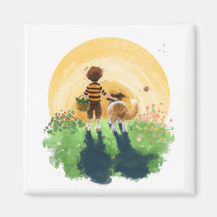 Sheltie hond en jongen lopen zonsondergang binnen magneet