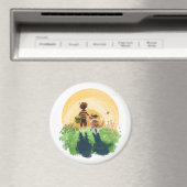 Sheltie hond en jongen lopen zonsondergang binnen magneet (Insitu (Vaatwasser))