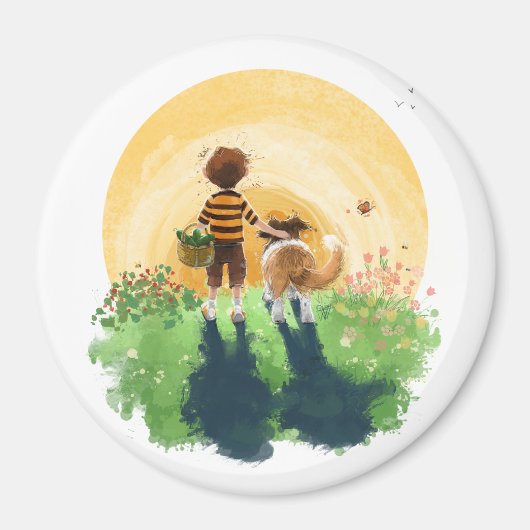 Sheltie hond en jongen lopen zonsondergang binnen magneet (Voorkant)