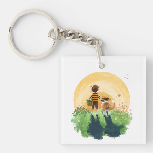 Sheltie hond en jongen lopen zonsondergang binnen sleutelhanger (voorkant)