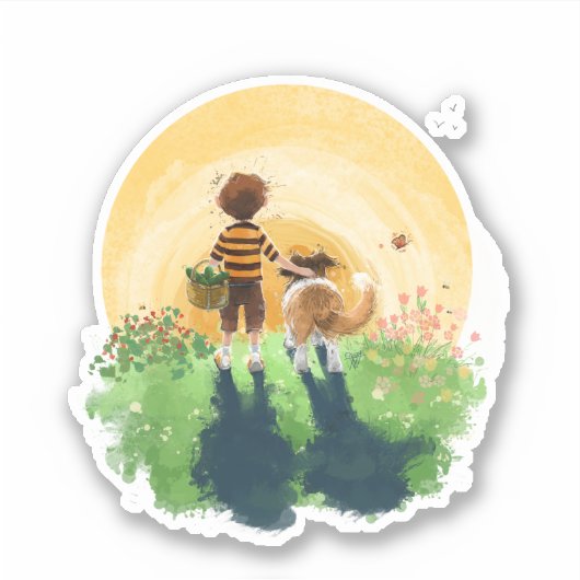 Sheltie hond en jongen lopen zonsondergang binnen sticker (Voorkant)