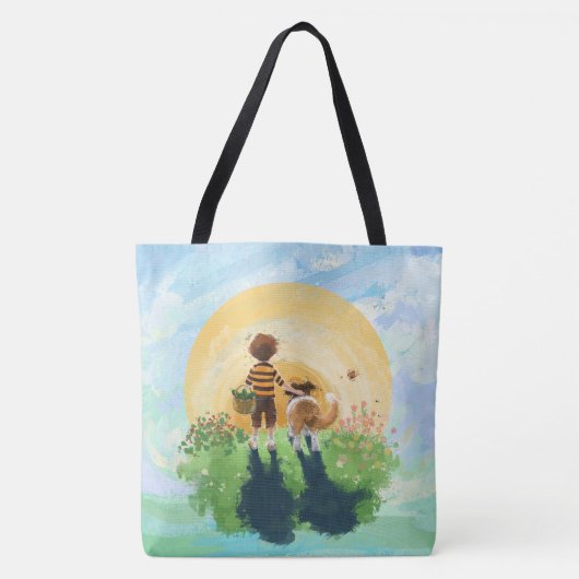 Sheltie hond en jongen lopen zonsondergang binnen tote bag (Voorkant)