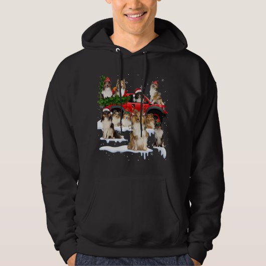 Sheltie Hond Rode Vrachtwagen Kerstboom Santa Ugly Hoodie (Voorkant)