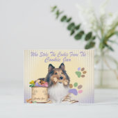 Sheltie houdt het koekje van de kaarten van de koe (Staand voorkant)
