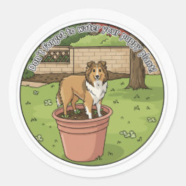 Sheltie in potplant ronde sticker