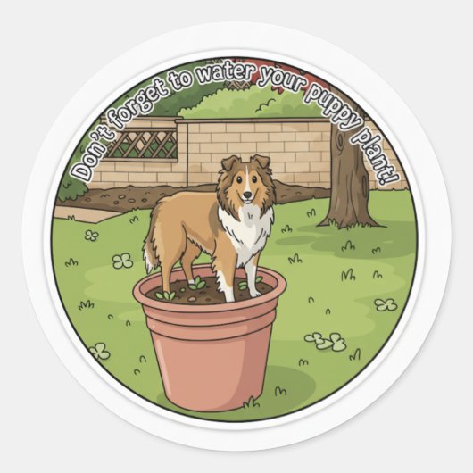 Sheltie in potplant ronde sticker (Voorkant)