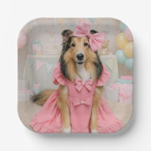 Sheltie in roze jurk