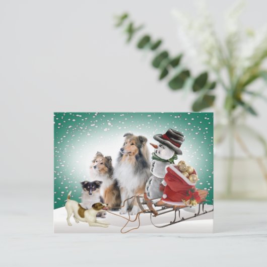 Sheltie, Jack Russell en Snowman Xmas Kaarten Feestdagenkaart (Staand voorkant)
