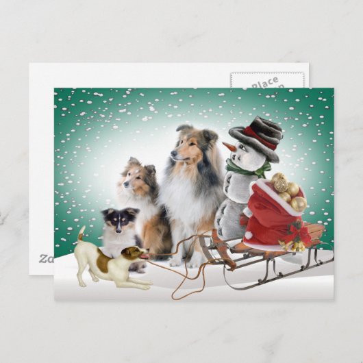 Sheltie, Jack Russell en Snowman Xmas Kaarten Feestdagenkaart (Voorkant / Achterkant)