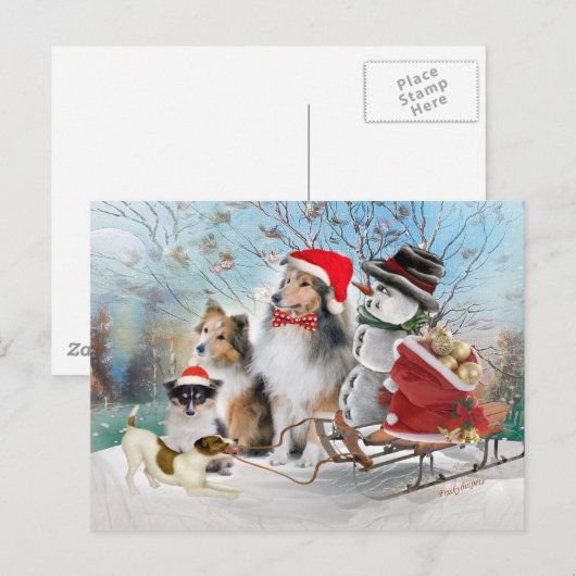 Sheltie, Jack Russell en Snowman Xmas Kaarten Feestdagenkaart (Voorkant / Achterkant)