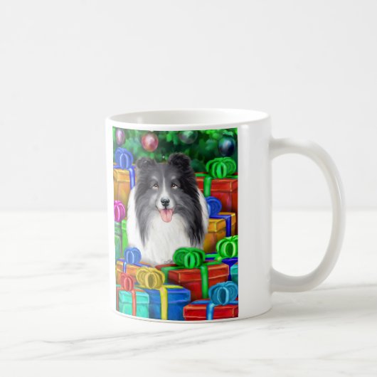 Sheltie Kerstmis Open Gifts Bi Black Koffiemok (Rechts)