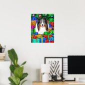 Sheltie Kerstmis Open Gifts Blue Merle Poster (Thuiskantoor)