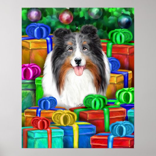 Sheltie Kerstmis Open Gifts Blue Merle Poster (Voorkant)