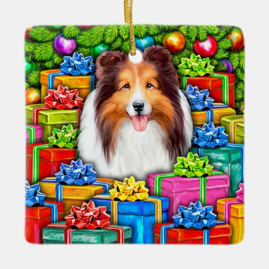 Sheltie Kerstmis Open Gifts Keramisch Ornament (Voorkant)
