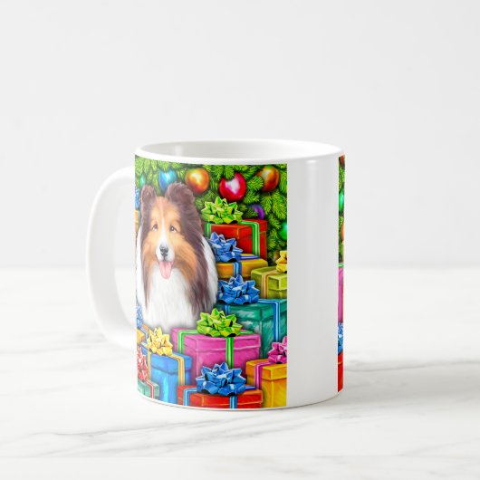 Sheltie Kerstmis Open Gifts Koffiemok (Voorkant links)