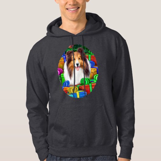 Sheltie Kerstmis Open Gifts Sable Hoodie (Voorkant)