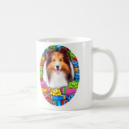 Sheltie Kerstmis Open Gifts Sable Koffiemok (Rechts)