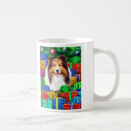 Sheltie Kerstmis Open Gifts Sable Koffiemok (Rechts)