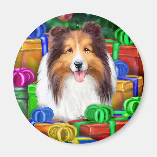 Sheltie Kerstmis Open Gifts Sable Magneet (Voorkant)