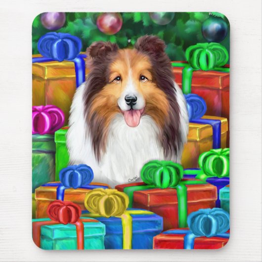 Sheltie Kerstmis Open Gifts Sable Muismat (Voorkant)