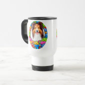 Sheltie Kerstmis Open Gifts Sable Reisbeker (Voorkant links)