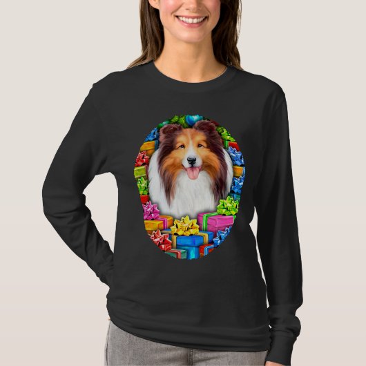 Sheltie Kerstmis Open Gifts Sable T-shirt (Voorkant)