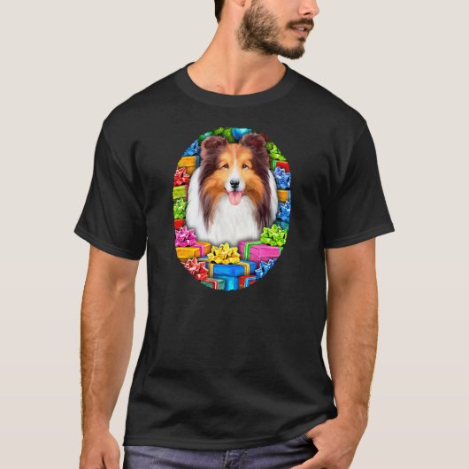 Sheltie Kerstmis Open Gifts Sable T-shirt (Voorkant)