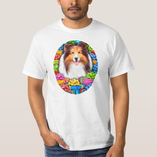 Sheltie Kerstmis Open Gifts Sable T-shirt (Voorkant)