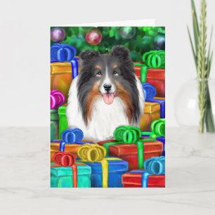 Sheltie Kerstmis Open Gifts Tri Color Feestdagen Kaart