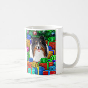 Sheltie Kerstmis Open Gifts Tri Color Koffiemok