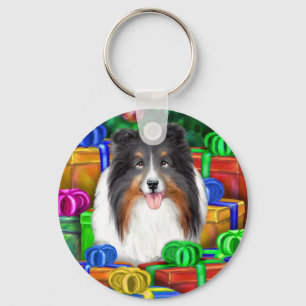 Sheltie Kerstmis Open Gifts Tri Color Sleutelhanger