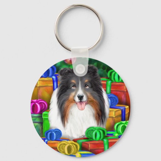 Sheltie Kerstmis Open Gifts Tri Color Sleutelhanger (Voorkant)