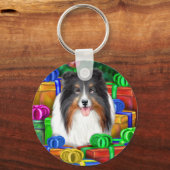 Sheltie Kerstmis Open Gifts Tri Color Sleutelhanger (Voorkant)