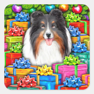 Sheltie Kerstmis Open Gifts Tri-kleur Vierkante Sticker