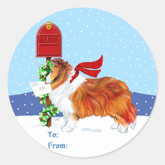 Sheltie Kerstmis Post Sable Cadeft Labels (Voorkant)