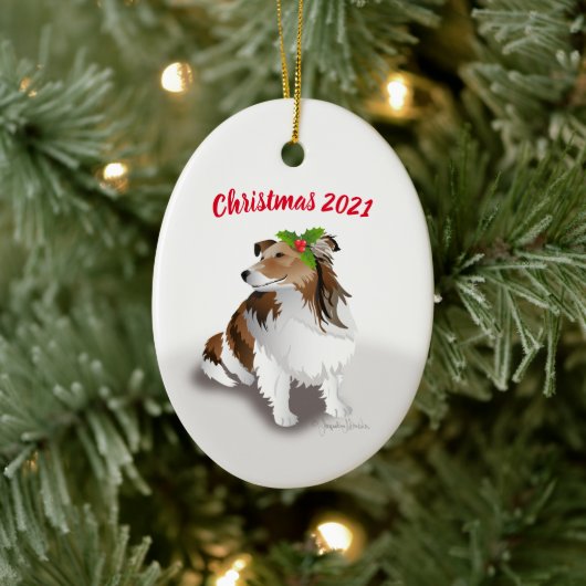 Sheltie met Green Holly kerstversiering Keramisch Ornament (Boom)