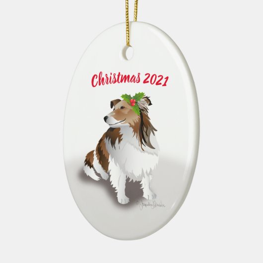 Sheltie met Green Holly kerstversiering Keramisch Ornament (Links)